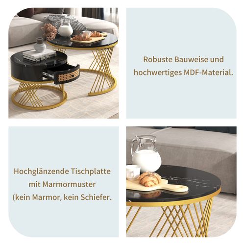 Table Basse Lot De 2 Avec Tiroir - Mdf - Noir Et Or - 70x70x45,5/50x50x38,5 Cm