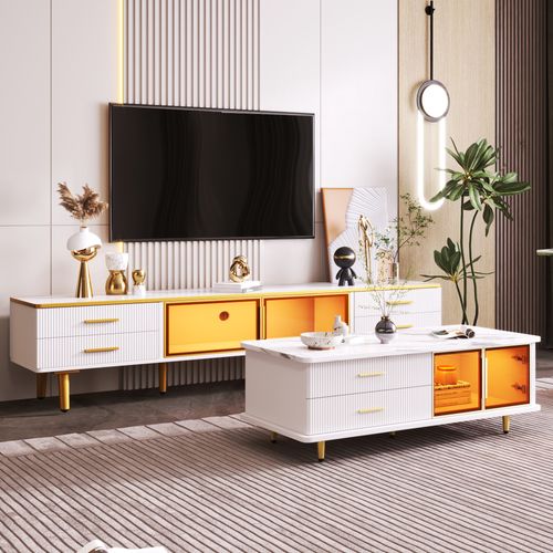 Table Basse Avec Tiroirs à Texture Et Verre Trempé - Mdf - Blanc - 100x50x40 Cm