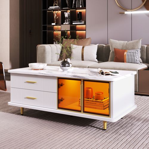 Table Basse Avec Tiroirs à Texture Et Verre Trempé - Mdf - Blanc - 100x50x40 Cm