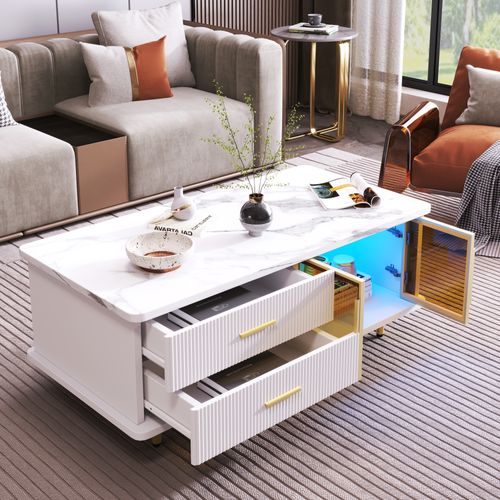 Table Basse Avec Tiroirs à Texture Et Verre Trempé - Mdf - Blanc - 100x50x40 Cm
