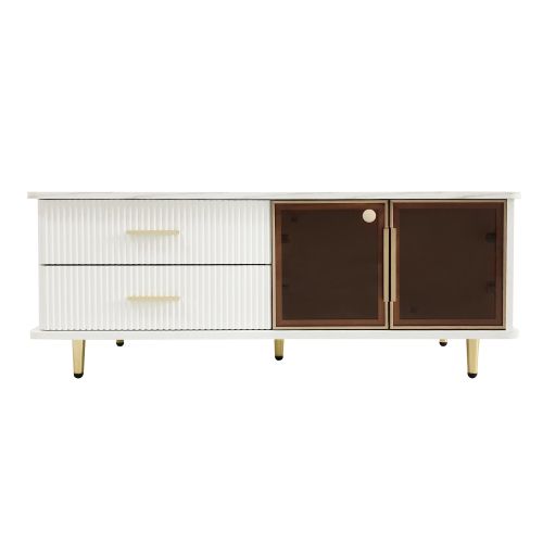 Table Basse Avec Tiroirs à Texture Et Verre Trempé - Mdf - Blanc - 100x50x40 Cm