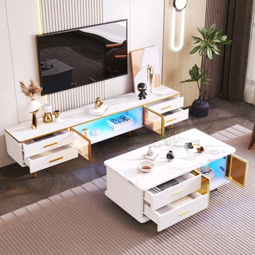 Table Basse Avec Tiroirs à Texture Et Verre Trempé - Mdf - Blanc - 100x50x40 Cm