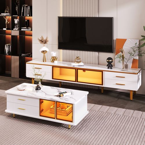 Table Basse Avec Tiroirs à Texture Et Verre Trempé - Mdf - Blanc - 100x50x40 Cm
