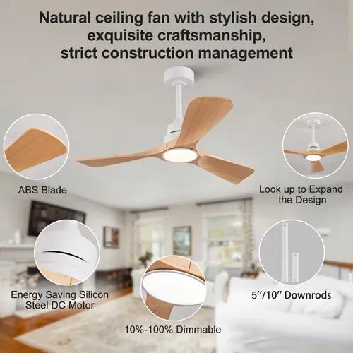 Ventilateur De Plafond - Pales En Abs - Blanc Et Naturel - 107x107x37 Cm