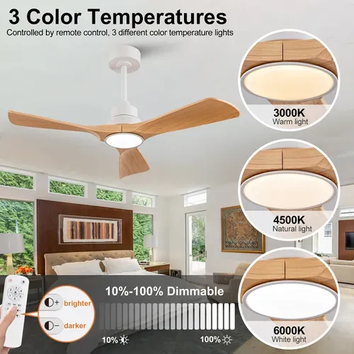 Ventilateur De Plafond - Pales En Abs - Blanc Et Naturel - 107x107x37 Cm