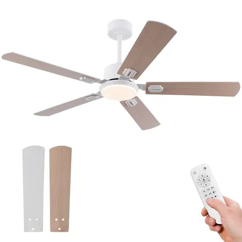 Ventilateur De Plafond Avec Lampe - Mdf Et Métal - Blanc Et Chêne Clair - 132x132x37cm