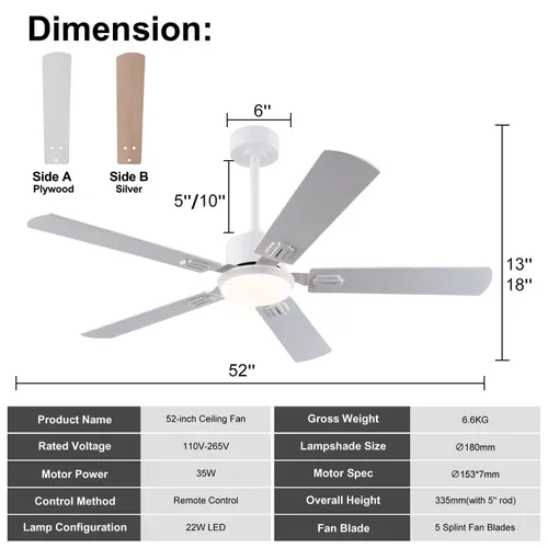 Ventilateur De Plafond Avec Lampe - Mdf Et Métal - Blanc Et Chêne Clair - 132x132x37cm