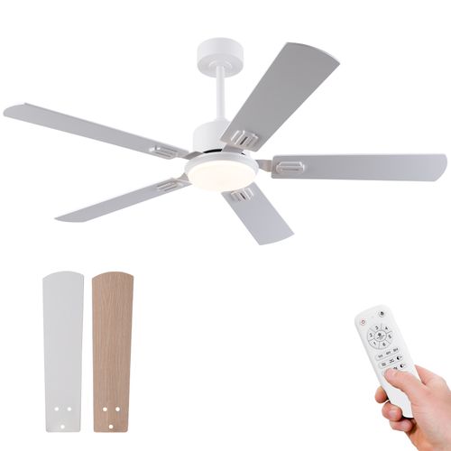 Ventilateur De Plafond Avec Lampe - Mdf Et Métal - Blanc Et Chêne Clair - 132x132x37cm