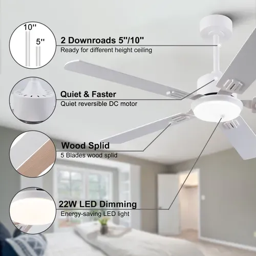 Ventilateur De Plafond Avec Lampe - Mdf Et Métal - Blanc Et Chêne Clair - 132x132x37cm