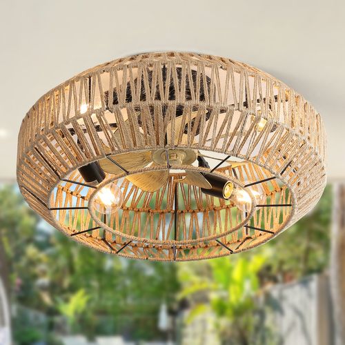 Ventilateur De Plafond Cage - Abs Et Rotin - Naturel - 56x56x25cm