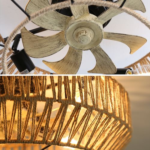 Ventilateur De Plafond Cage - Abs Et Rotin - Naturel - 56x56x25cm