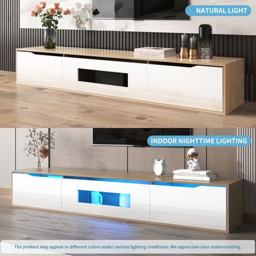 Meuble TV - Particle Board - Blanc Et Bois - 180x30x35 Cm