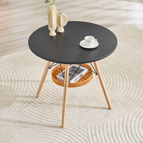 Table À Manger Ronde - Mdf Et Bois Massif - Noir Et Bois - 80x80x71,50 Cm