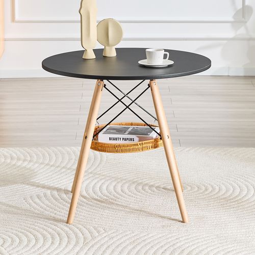 Table À Manger Ronde - Mdf Et Bois Massif - Noir Et Bois - 80x80x71,50 Cm
