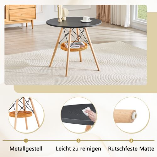 Table À Manger Ronde - Mdf Et Bois Massif - Noir Et Bois - 80x80x71,50 Cm
