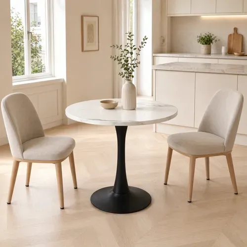 Table À Manger Ronde - Mdf Et Métal - Blanc Et Noir - 80x80x75 Cm