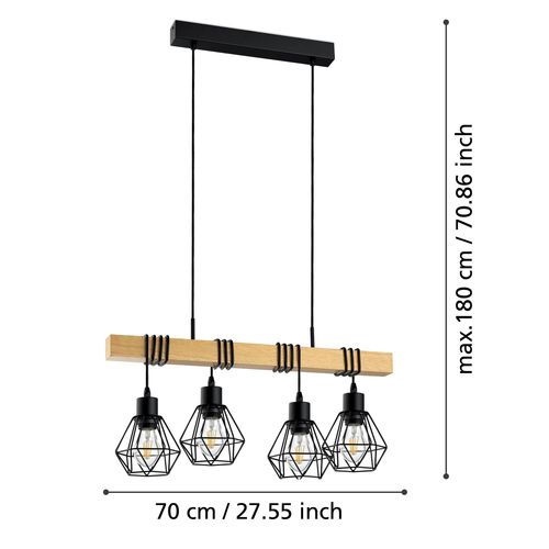 Suspension 4 Lumières L. 70 cm TOWNSHEND5 Noire et marron