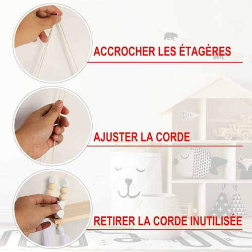 Étagère Suspendue Blanche 38 X 14 Cm, Étagère De Style Rustique En Corde De Bois