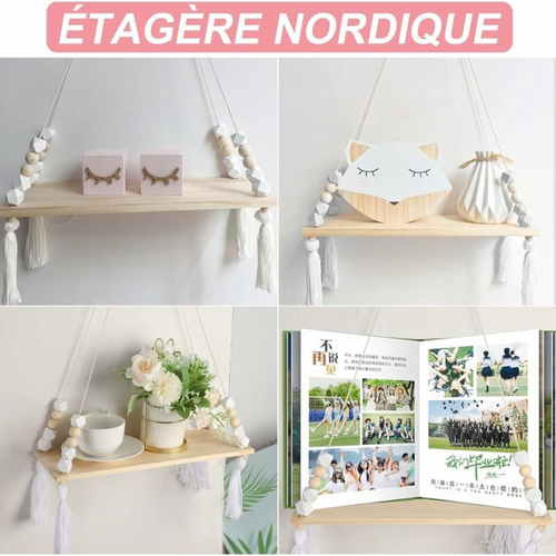 Étagère Suspendue Blanche 38 X 14 Cm, Étagère De Style Rustique En Corde De Bois
