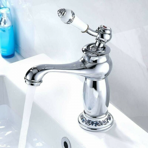 Robinet De Lavabo En Laiton Et Porcelaine Bleu Et Blanc Vintage