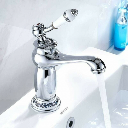 Robinet De Lavabo En Laiton Et Porcelaine Bleu Et Blanc Vintage