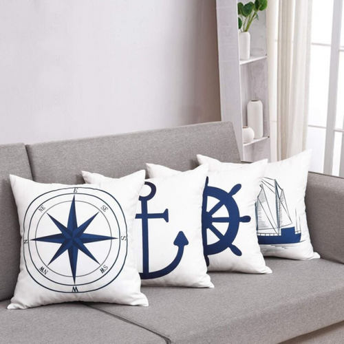 Lot De 4 Housses De Coussin Nautiques - Motif Ancre Marine - Navigation - Boussole - 45 X 45 Cm