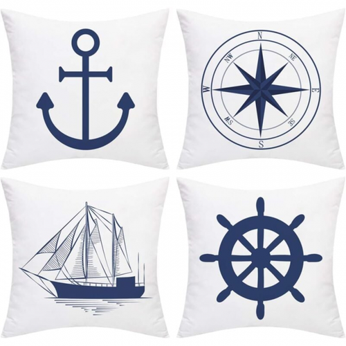 Lot De 4 Housses De Coussin Nautiques - Motif Ancre Marine - Navigation - Boussole - 45 X 45 Cm
