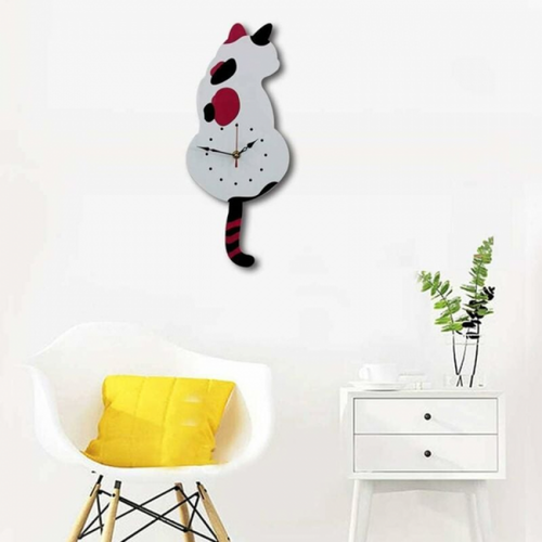 Pendule Murale ENESCO – Forme De Chat – Résine Grise – Originale Déco