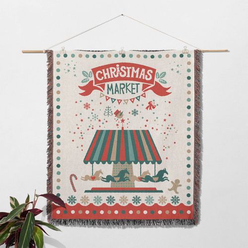 Couverture Tricotée Marché De Noël Décorée Avec Des Franges Bohême - 160x131 Cm