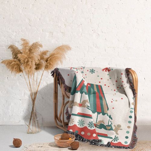 Couverture Tricotée Marché De Noël Décorée Avec Des Franges Bohême - 160x131 Cm