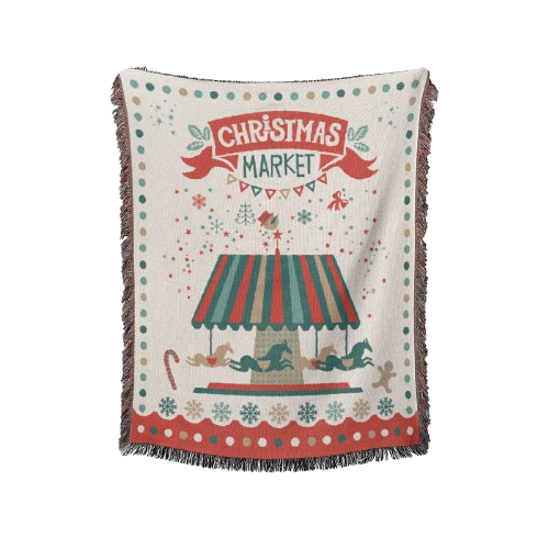 Couverture Tricotée Marché De Noël Décorée Avec Des Franges Bohême - 160x131 Cm