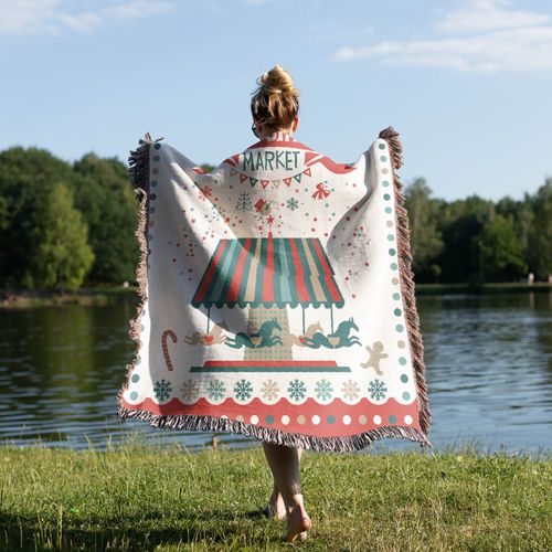 Couverture Tricotée Marché De Noël Décorée Avec Des Franges Bohême - 160x131 Cm