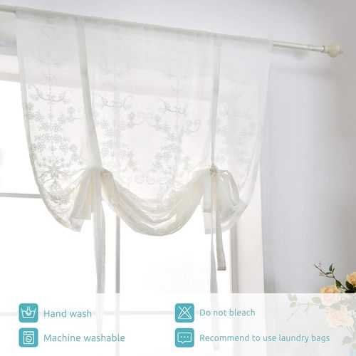 Devola Rideau Brise-Bise Voile Broderie Florale – 60x40 Cm Blanc Avec Pompons, Rideau Cuisine Fenêtre Transparent Cordon