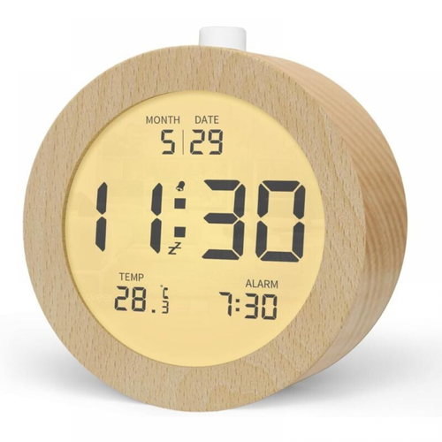 Rond Réveil Numérique En Bois, Réveil Matinal, Horloge Numérique LCD Avec Affichage De La Date