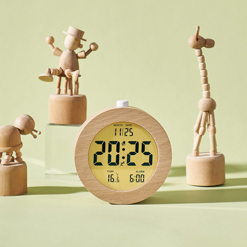 Rond Réveil Numérique En Bois, Réveil Matinal, Horloge Numérique LCD Avec Affichage De La Date