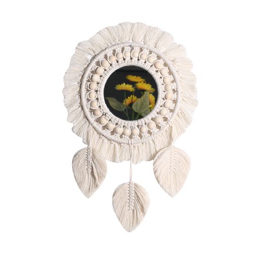 Lot De 2 Miroirs Muraux Macramé Boho Suspendus – Ronde Avec Franges Et Perles De Bois, Style Naturel Élégant