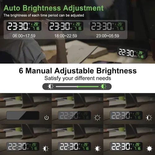 Réveil Numérique, Grand Écran Avec Date Et Température, 6 Niveaux De Luminosité Réglables, Noir