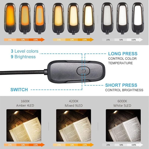 Liseuse, Liseuse LED Rechargeable, 3 Modes De Luminosité X 3 Couleurs (blanc/chaud/blanc Chaud)