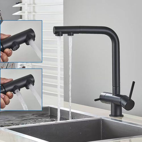 Robinet Cuisine 3 Voies Aktines Avec Douchette Extractible - Mitigeur 2 En 1 Osmose Inverse Noir Inox