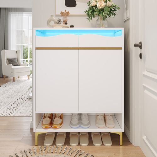 Armoire à Chaussures Blanc Moderneavec LED Et 2 Tiroirs, Design Et Éclairage Pour Couloir