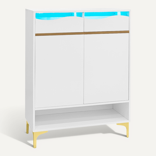Armoire à Chaussures Blanc Moderneavec LED Et 2 Tiroirs, Design Et Éclairage Pour Couloir