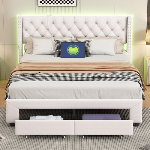 Lit Rembourré 140x190 Cm Avec Tiroirs De Rangement, Lit Double Avec USB Et LED,  Velours, Beige