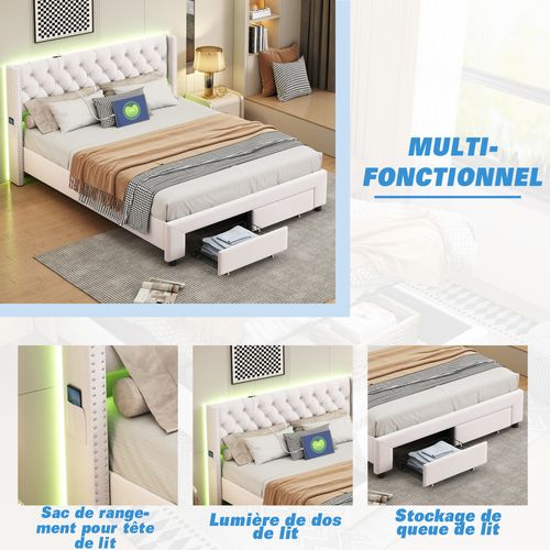 Lit Rembourré 140x190 Cm Avec Tiroirs De Rangement, Lit Double Avec USB Et LED,  Velours, Beige