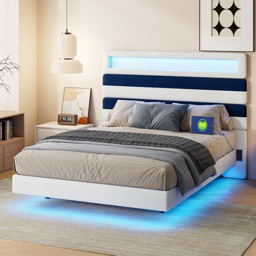 Lit Double 140x190 Avec Sommier Et Rangement - Cadre Métal, Tête De Lit LED Réglable, Multiprise USB - Style Industriel Marron