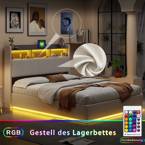 Lit Coffre 140x200 cm avec Prise USB et LED, Lit Double, Cadre de Lit avec Sommier