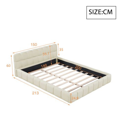 Lit 140x200 Cm Rembourré Velours Beige - Sommier à Lattes, Tête De Lit Confortable, Cadre Robuste