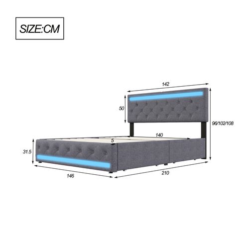 Lit 140x200 Cm Avec Sommier LED Et USB,lit Double Rembourré Avec Sommier à Lattes Et 4 Tiroirs, Gris