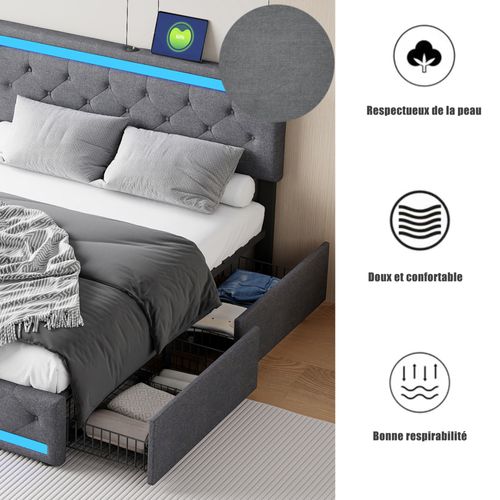 Lit 140x200 Cm Avec Sommier LED Et USB,lit Double Rembourré Avec Sommier à Lattes Et 4 Tiroirs, Gris