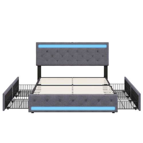 Lit 140x200 Cm Avec Sommier LED Et USB,lit Double Rembourré Avec Sommier à Lattes Et 4 Tiroirs, Gris