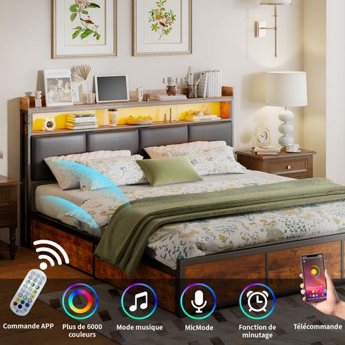 Cadre De Lit 160 X 200 Cm Avec Port USB, Lit Rembourré, Lit Double, Lit